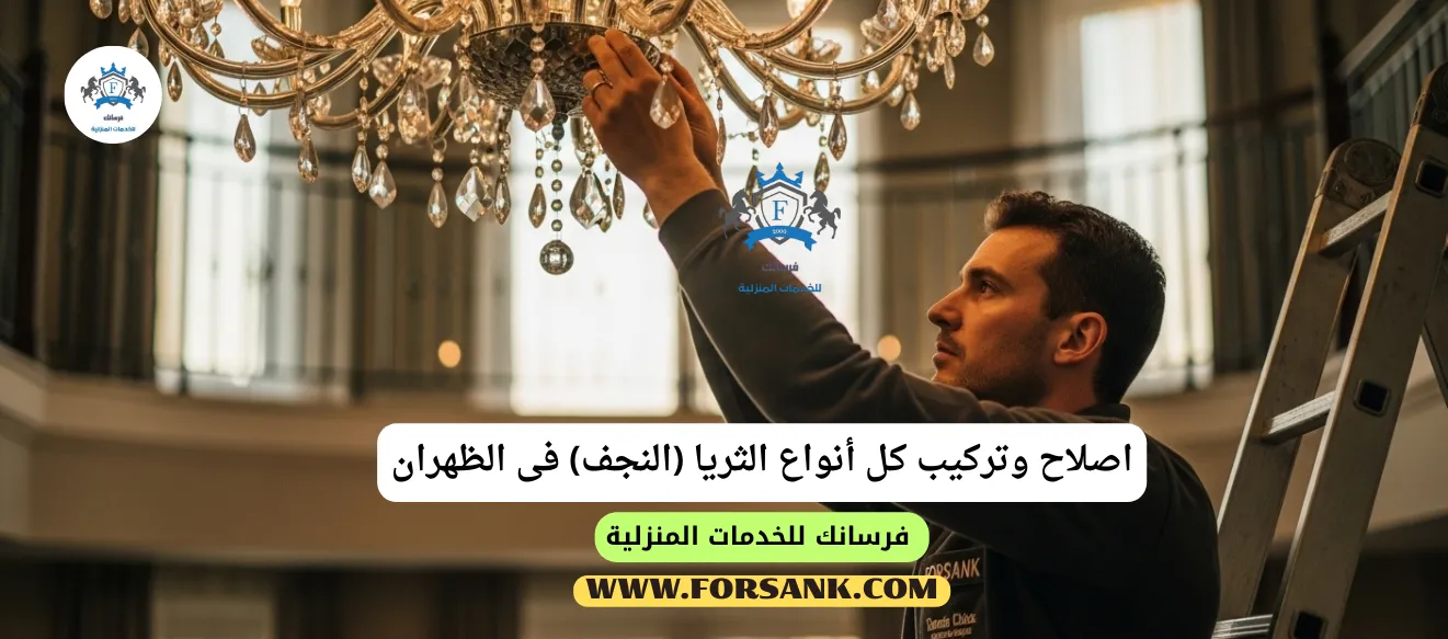 فني متخصص من فرسانك يقوم بتركيب ثريا كريستال فاخرة بحرص ودقة في الظهران